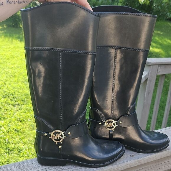 Michael Kors Black Rain Boots Size 8 Logo Equestrian Style - Picture 1 of 8